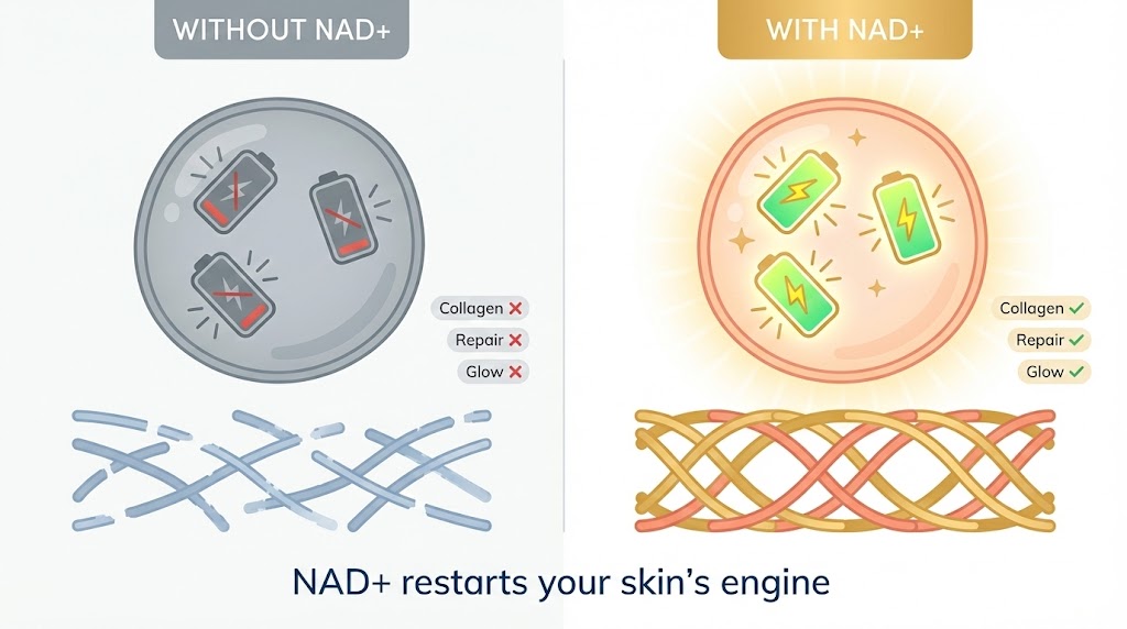 Cell without NAD+ vs with NAD+ — stalled engine analogy
