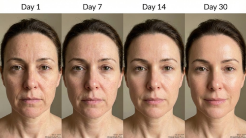 Visual timeline showing skin transformation at Day 1, Day 7, Day 14, and Day 30